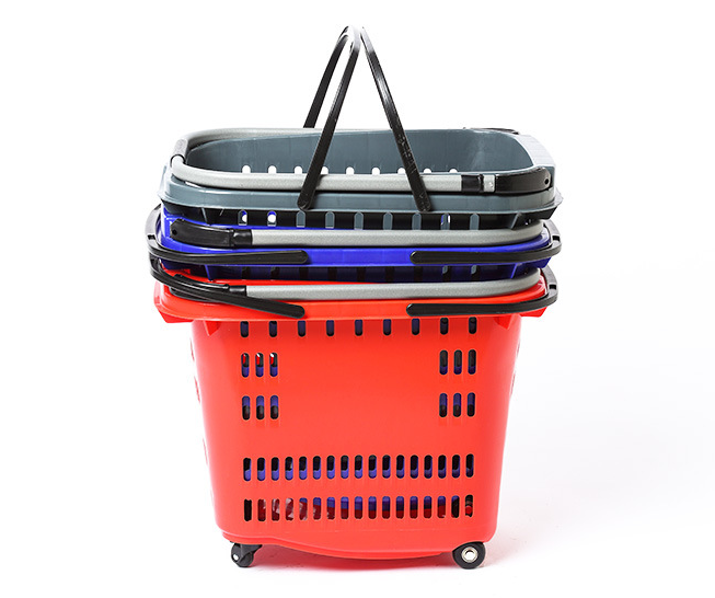 50L plastic shopping basket with wheels
